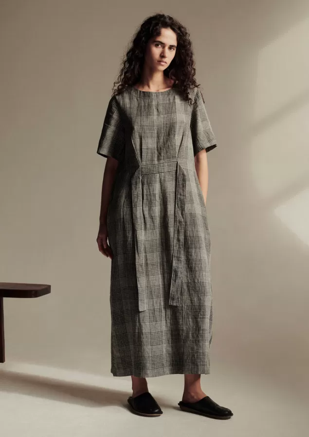 Women Toast Etched Check Linen Dress